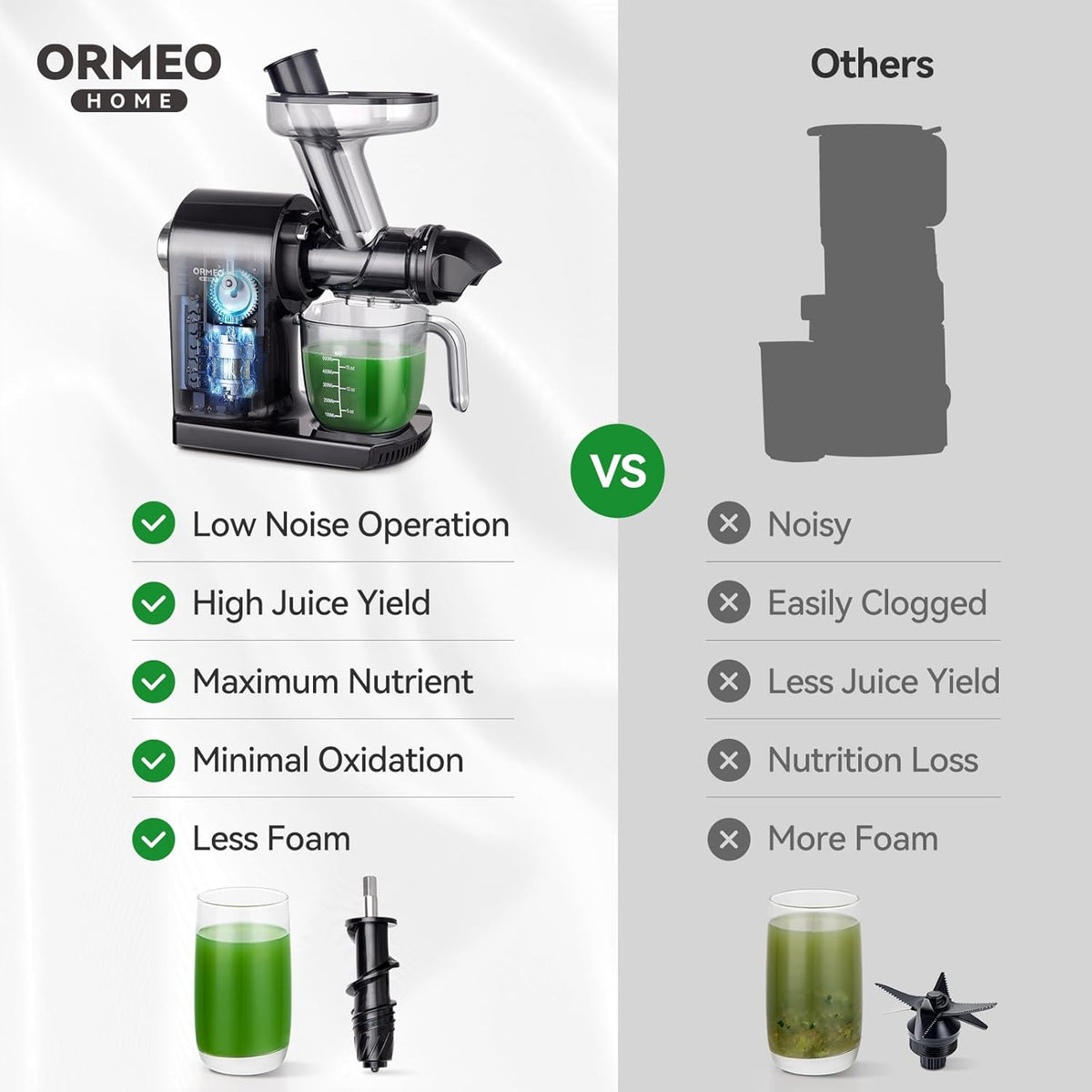 Juicer Machines,ORMEO HOME Cold Press Juicer with Single Knob Control,3.60"Large Feed Chute For Vegetable and Fruit,Masticating Juicers Easy to Clean,BPA-Free,High Juice Yield (Black)