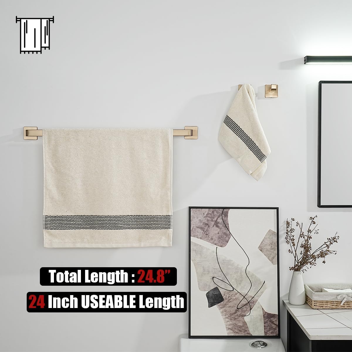 JQK Champagne Bronze Towel Bar, 24 Inch 304 Stainless Steel Thicken 0.8mm Towel Rack Bathroom, Towel Holder Wall Mount, Total Length 26.41 Inch, TB250L24-CB