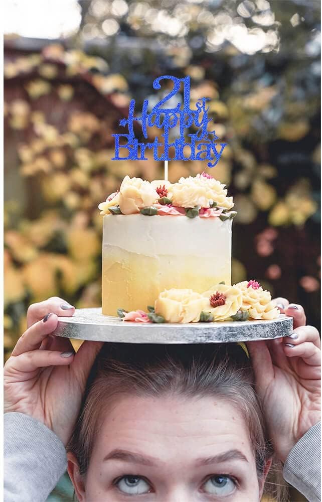 Glittery 21st Happy Birthday Cake Topper with Star,Personalised 21 Birthday Cake Toppers Party Decorations Party Supplies for Boys Girls Blue