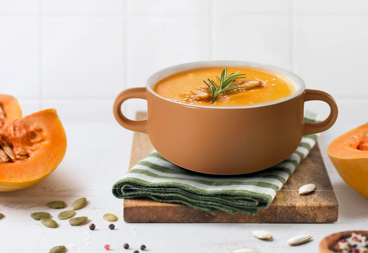 Kook Soup Crocks, Ceramic Bowls, Broil, Oven, Microwave and Dishwasher Safe, with Handles, For Casserole, Pasta, Cereal, 18 oz, Set of 4 (Caramel)