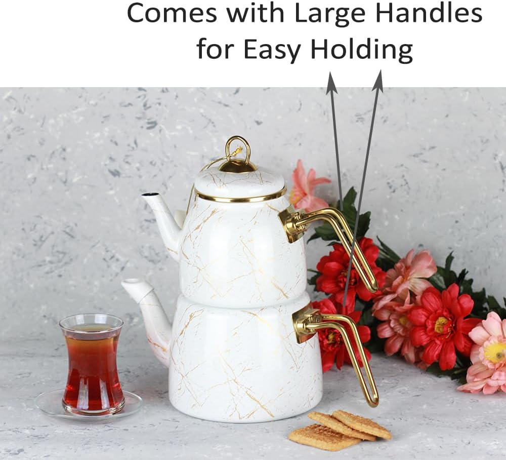 Vintage Turkish Teapot Tea Pots Kettle Set for Stovetop Stove Top Decorative Infuser Party Cups Glasses Floral Unique Boiler Samovar Strainer Loose Leaf Kitchen Style Enamel Decor (White-Gold)