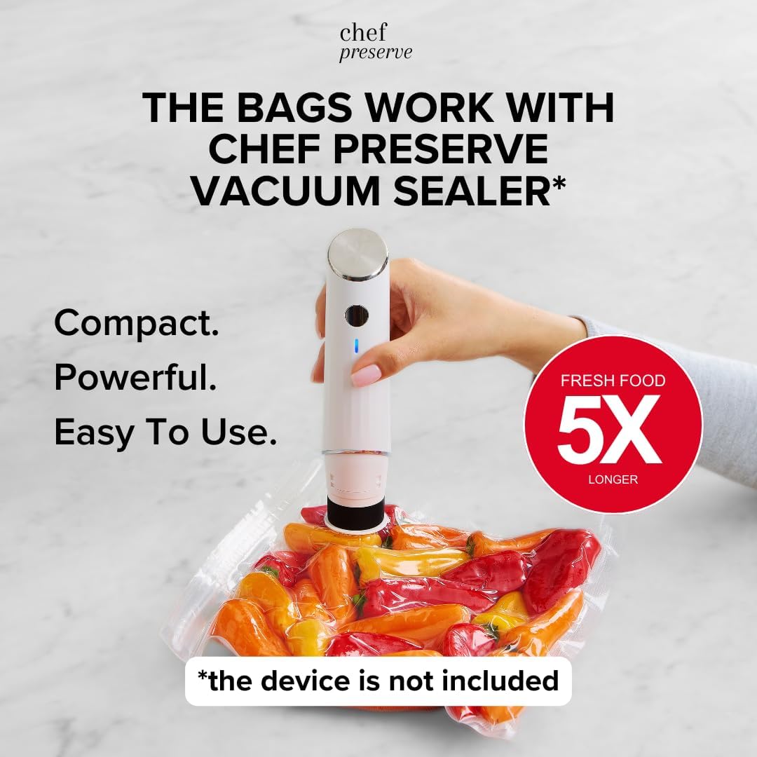 Chef Preserve Reusable Vacuum Sealer Bags for Food – 60 BPA-Free Food Storage Bags, Freezer, Microwave – Odor-Resistant, Leak-Proof – Compatible with Chef Preserve Vacuum Sealers