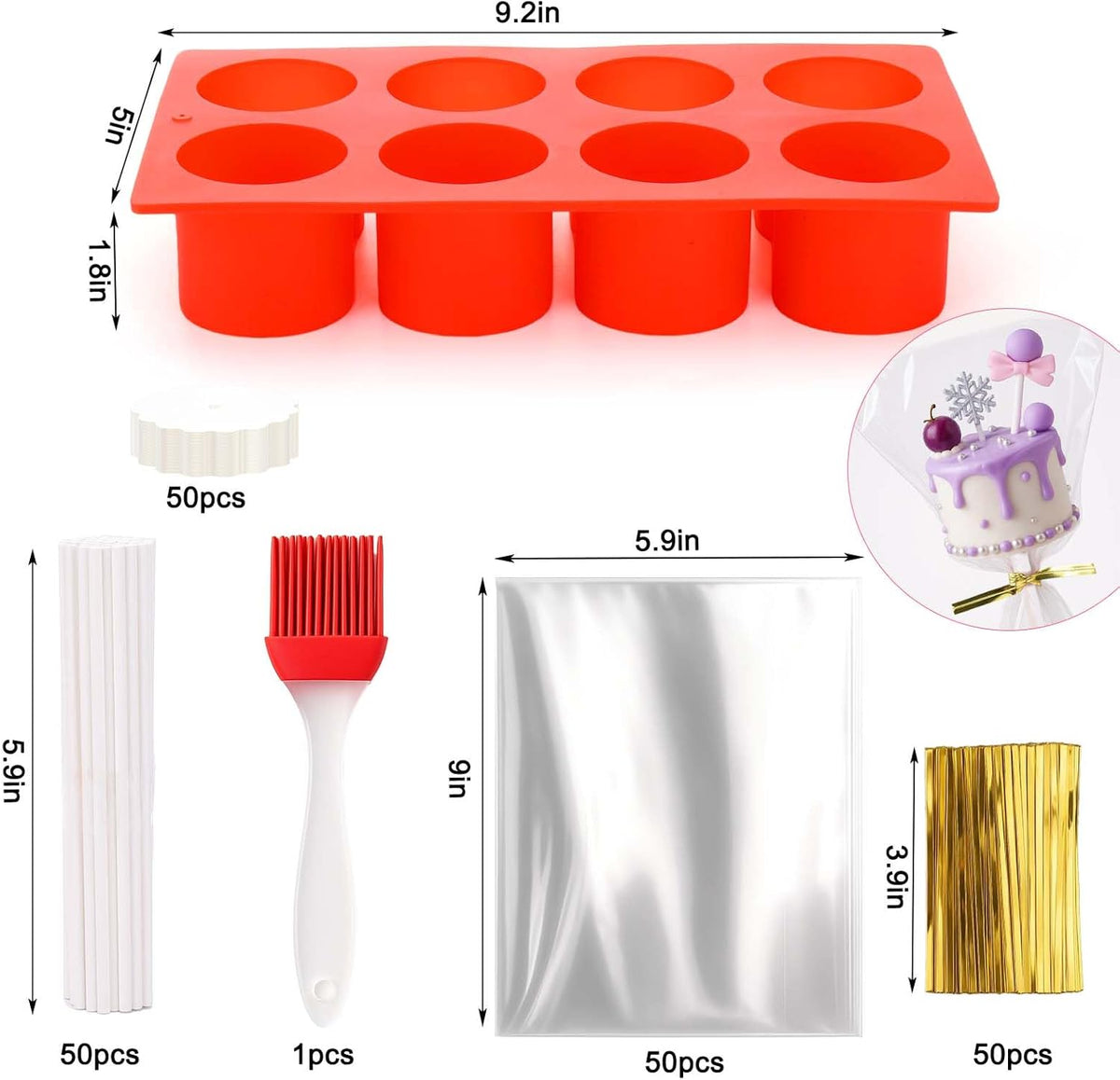 Juome Circle Cake Pop Mold Kit, 8 Cavities Cakesicle Molds Silicone with 100 Sticks & 100 Packaging Bags, Round Cake Pop Maker Supplies Accessories, Baking Tools for Home Baking Desserts