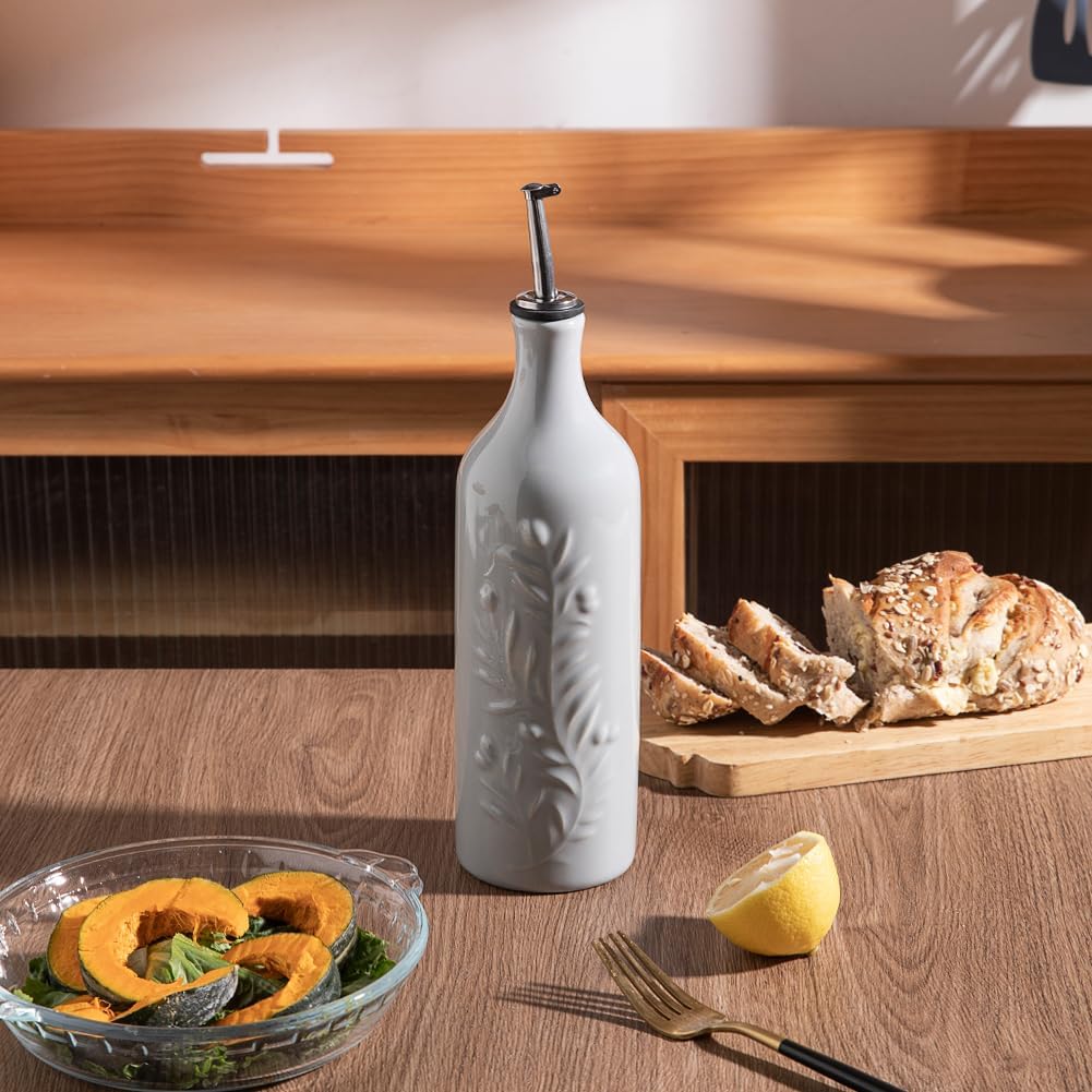 Sweejar Large Olive Oil Dispenser Bottle with Spout, 24 Oz Ceramic Oil Dispenser for Kitchen, Relief Opaque Oil Cruet, Oil Container for Cooking, EVOO, Avocado Oil, Vinegar, Pack of 1(Gray)
