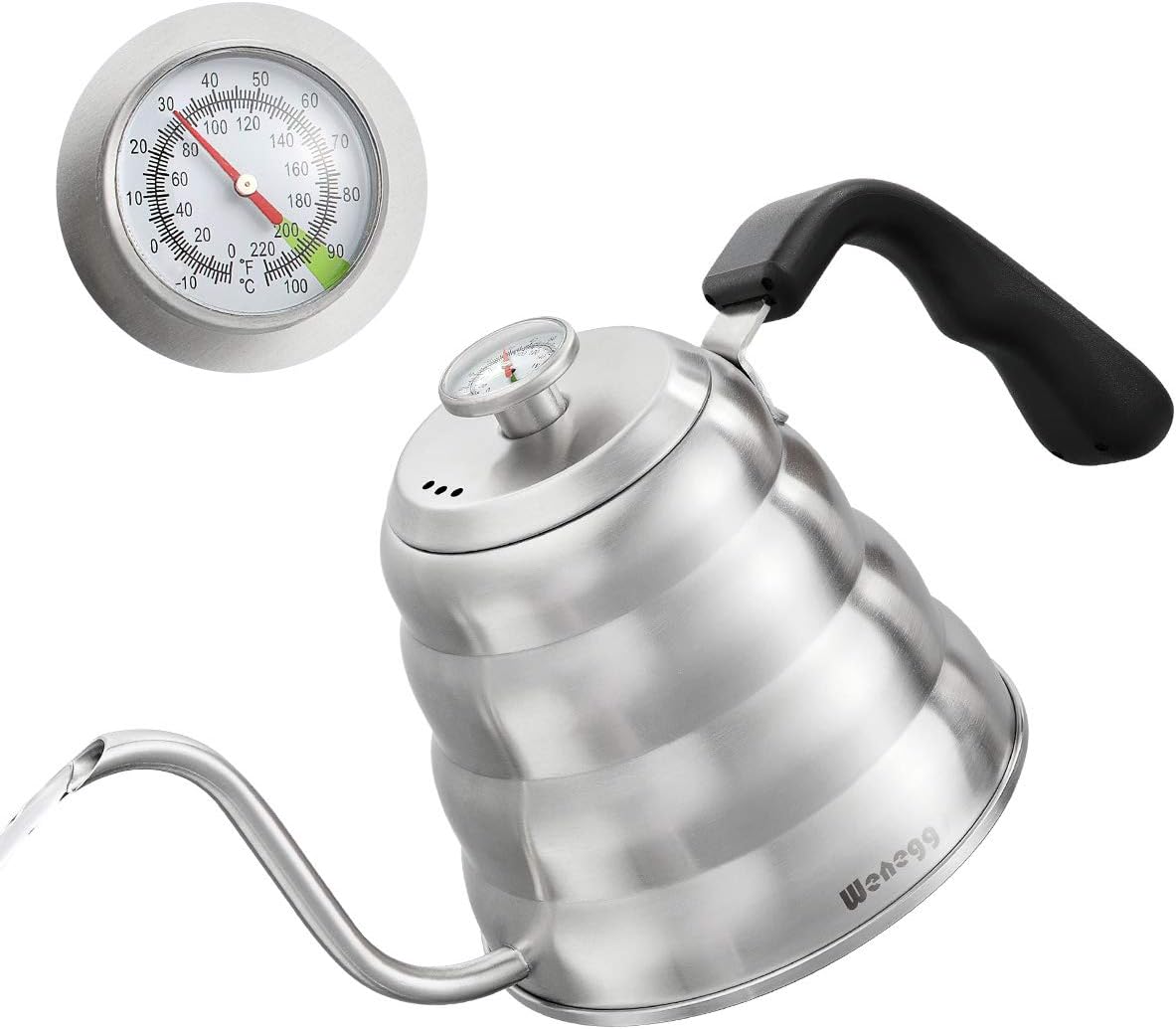 Pour Over Coffee Kettle with Thermometer for Exact Temperature 40 fl oz - Premium Stainless Steel Gooseneck Tea Kettle for Drip Coffee, French Press and Tea - Works on Stove and Any Heat Source