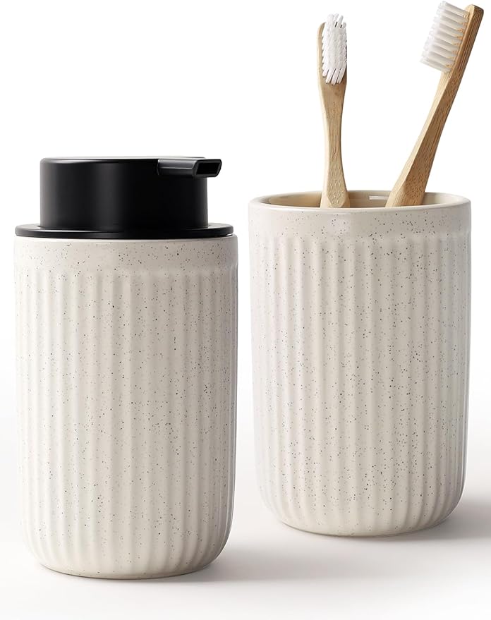 Bosilunlife Soap Dispenser and Toothbrush Holder Set - 11Oz Foam Soap Dispenser Pump Ceramic Bathroom Counter Soap Toothbrush Holder Set Beige Bathroom Accessories Set