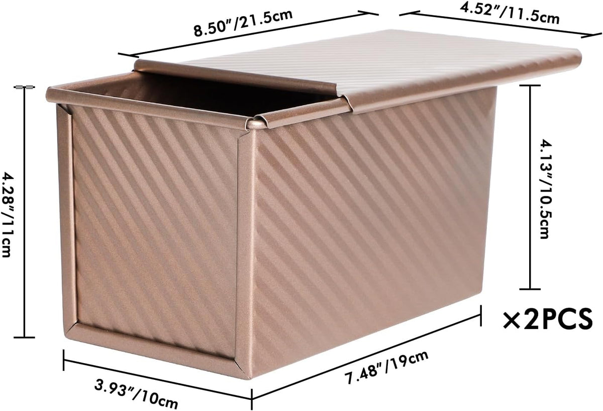 Beasea Pullman Loaf Pan with Lid, 2 Pack 1 lb Non-Stick Bread Loaf Pans Carbon Steel Bread Toast Box with Cover for Homemade Bakeware Bread Toast Oven Baking - Rose Gold