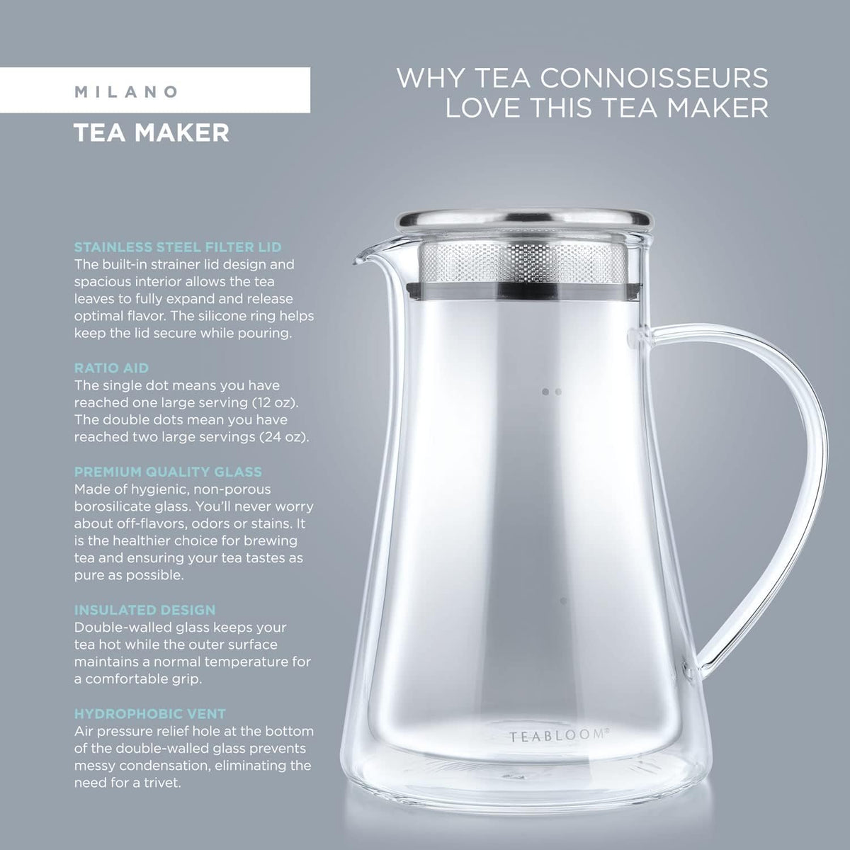 Teabloom Insulated Teapot Keeps Tea Hot – Tea Maker For Two (24 oz) – Double Wall Heatproof Glass Tea Steeper with Stainless Steel Filter Lid for Loose Leaf Tea