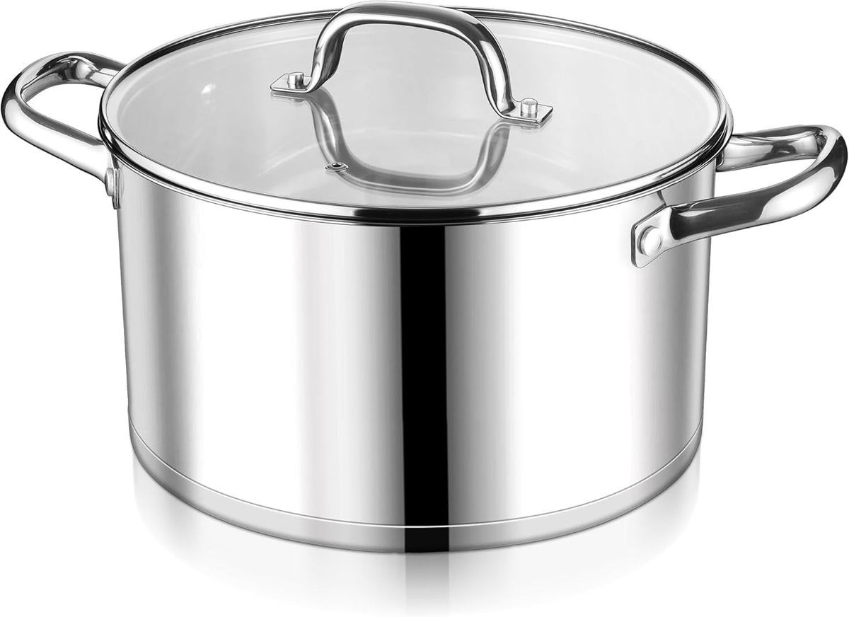 LIANYU Stainless Steel Stock Pot, 8 QT Large Soup Pot for Home Kitchen, Heavy Duty Cookware Compatible with Ceramic Gas Induction Cooktop, Dual Handles & Glass Lid, Dishwasher Safe