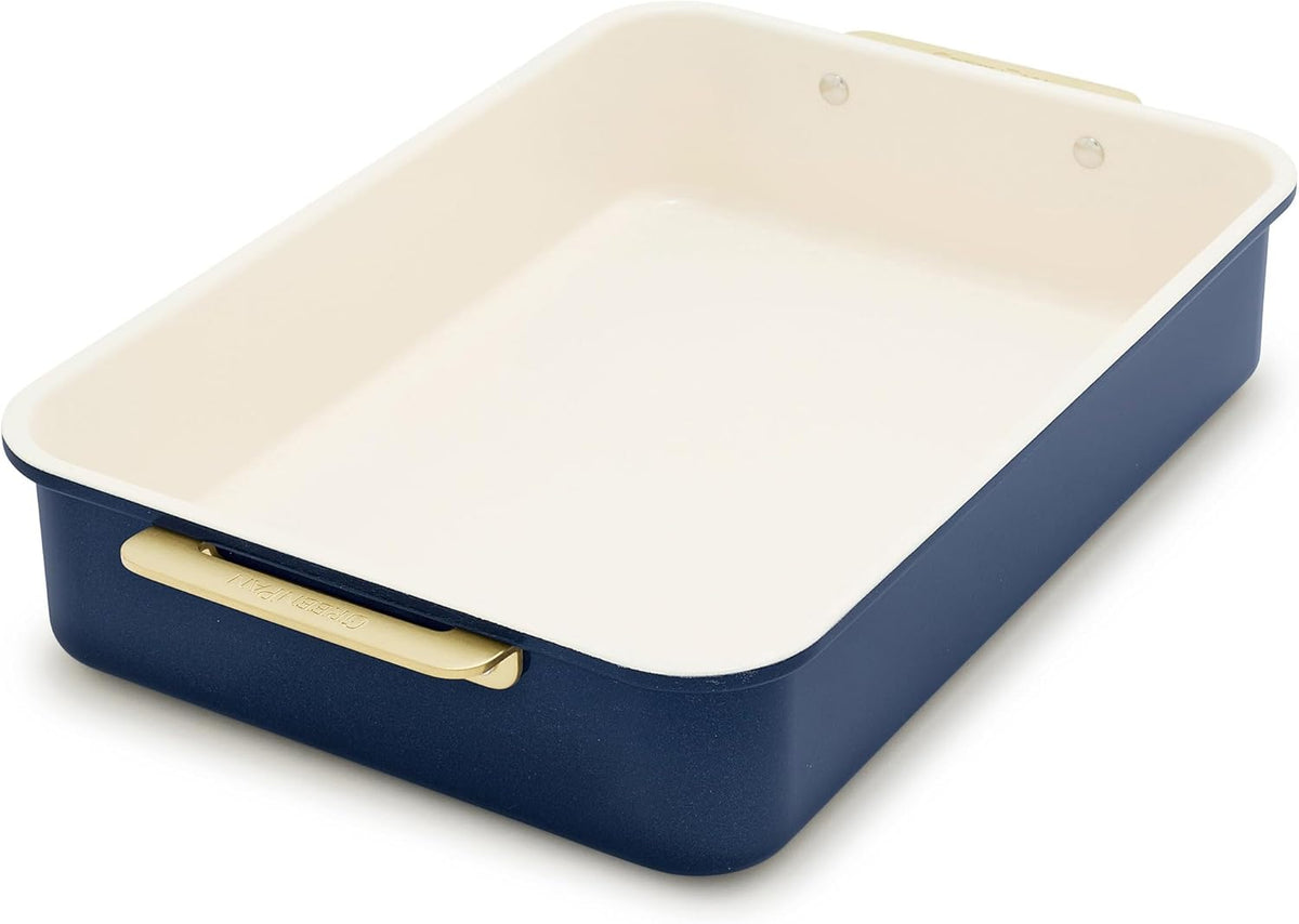GreenPan Bakeware Rectangular Cake Pan, Ceramic Nonstick Baking Pan, PFAS & BPA Free, Gold Handles, Durable Steel, Freezer to Oven Dish, Scratch Resistant, Bake & Roast Ovenware, Oxford Blue