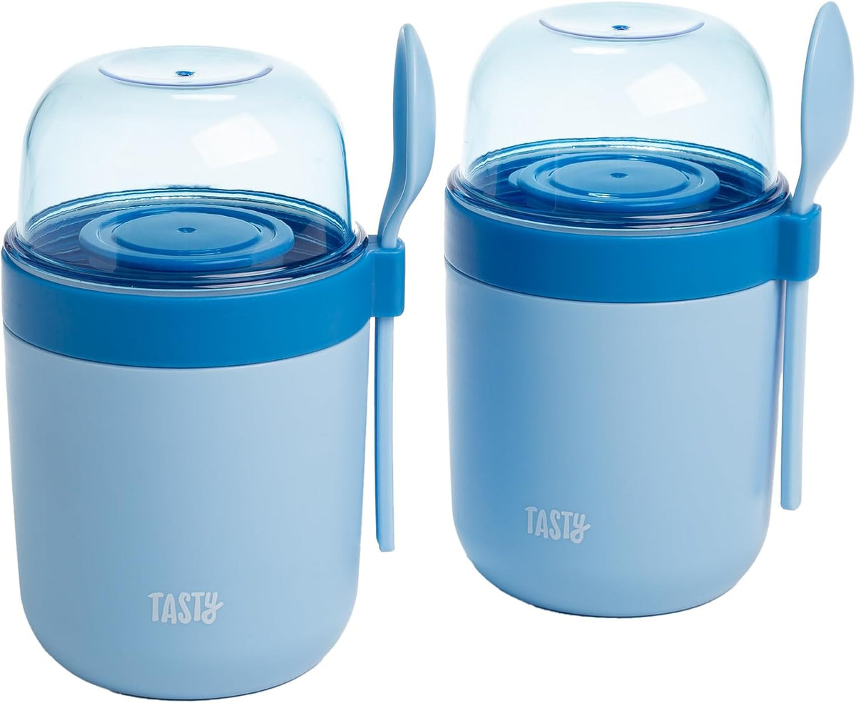 Tasty Travel Snack Cups with Spoons, On-The-Go Snacking, Divided Compartments, Great for Nuts, Cereal, Granola, Yogurt and More, Made Without BPA, 2-Pack, Blue