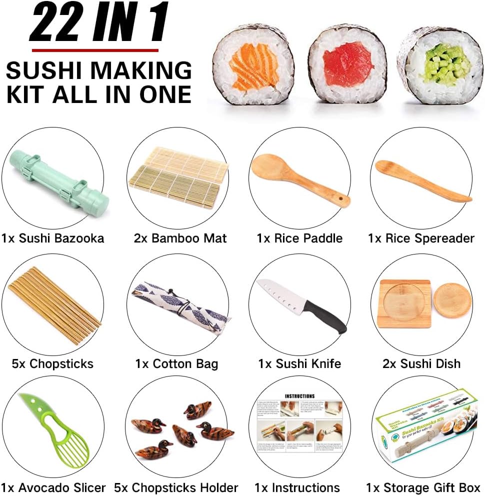 Sushi Making Kit, 22 in 1 Sushi Roller Sushi Maker Kit with Bamboo Sushi Rolling Mats, Bazooka, Chef's Knife, Chopsticks, Sauce Dishes, Rice Spreader, Avocado Slicer, Guide Book