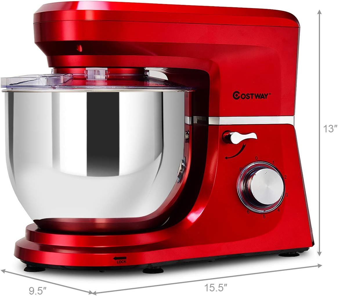 COSTWAY Stand Mixer, 7.5-Quart 660W 6-Speed Electric Mixer with Stainless Steel Bowl, Tilt-head Food Mixer with Dough Hook, Beater, Whisk (Red)