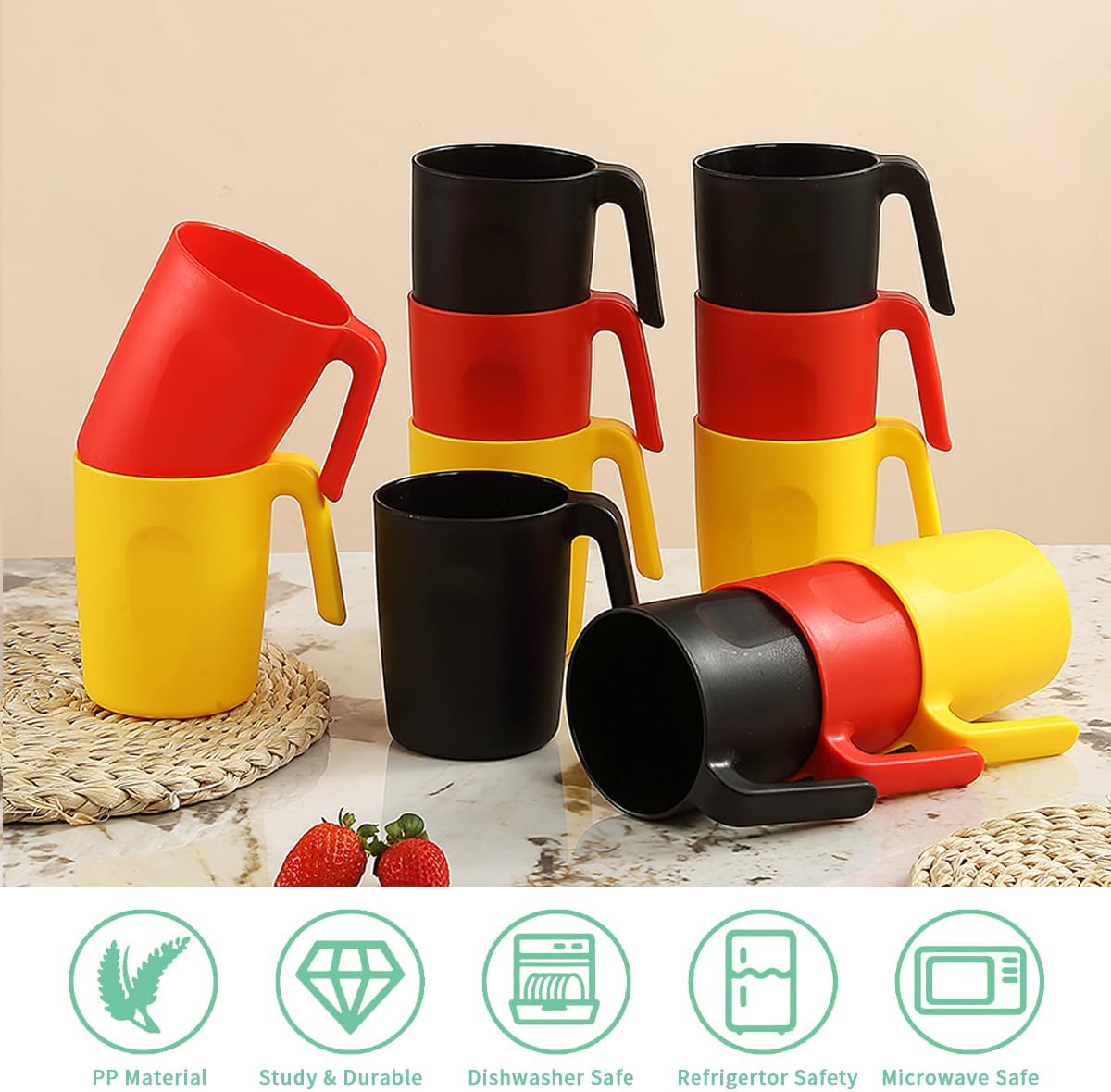 Kyraton Plastic Mug Set 12 Pieces, DE Color Unbreakable And Reusable Light Weight Travel Coffee Mugs Espresso Cups Easy to Carry And Clean, Dishwasher Safe