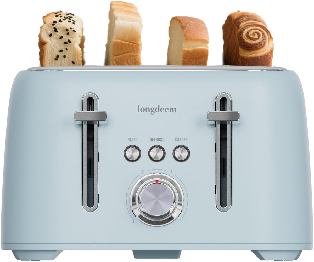 4-Slice Toaster 1.5" Extra Wide Slot Stainless Steel with High Lift Lever, 6 Presets & Bagel/Defrost/Cancel Function, Removal Crumb Tray, Under Base Cord Storage, Blue