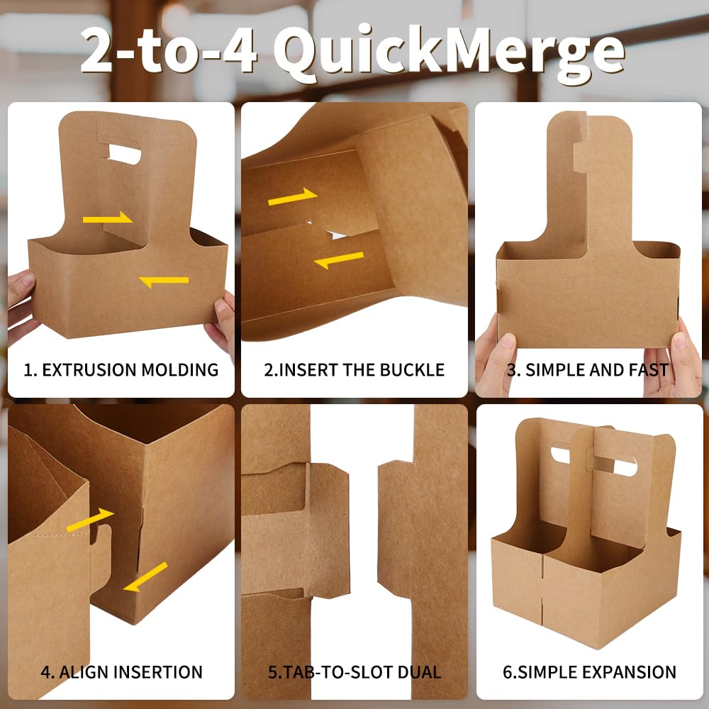 Bodaon 2 Cup Drink Carrier with Handle, 15 Pcs Cardboard Cup Holders, Disposable Drink Carriers for Delivery, Kraft Paper Coffee Cup Holder to Go, Take Out Cup Carriers for Hot/Cold Drinks