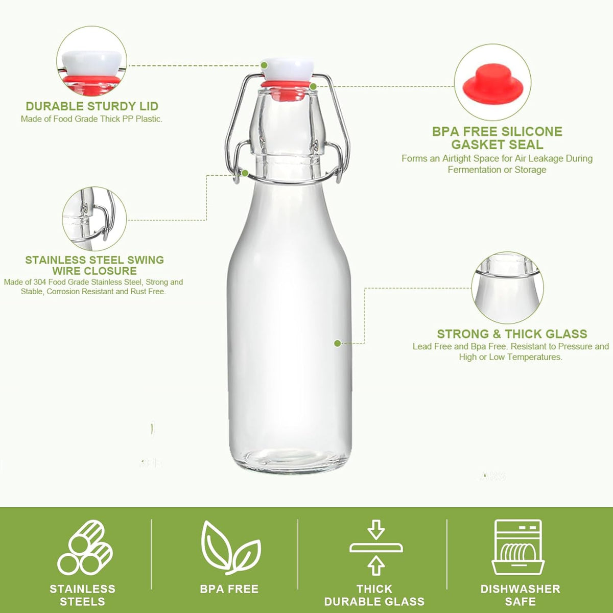 Ruckae 12 Pack 8.5 OZ Swing Top Glass Bottles with Lids Kombucha Coquito Flip Top Glass Bottle for Syrup Vanilla Extract Brew Beer Kefir Air Tight Bottles for Gift (8.5 oz 12 pack)