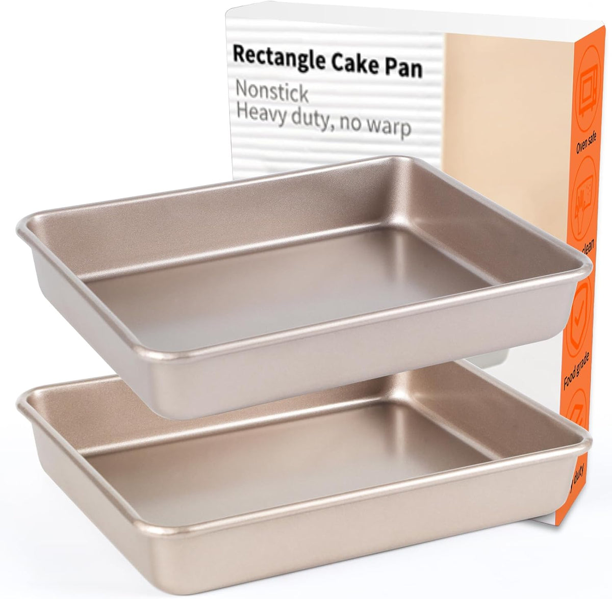 Rectangle Cake Pan, 9x11 Baking Pan, Deep Bread Pan Nonstick, Toaster Oven Tray Bakeware for Brownies, Heavy Duty, 11x9x2 Inch, Pack of 2, Gold, Easy Release
