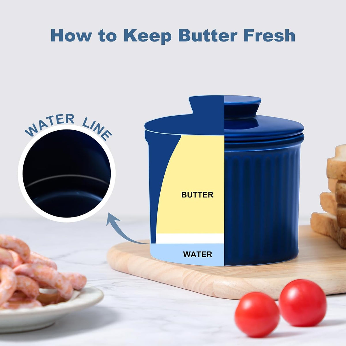 Large Butter Crock Bell for Counter with Water Line, Butter Keeper, Ceramic French Butter Dish Holder for Fresh Spreadable Soft Butter (Blue, 8 Ounce)