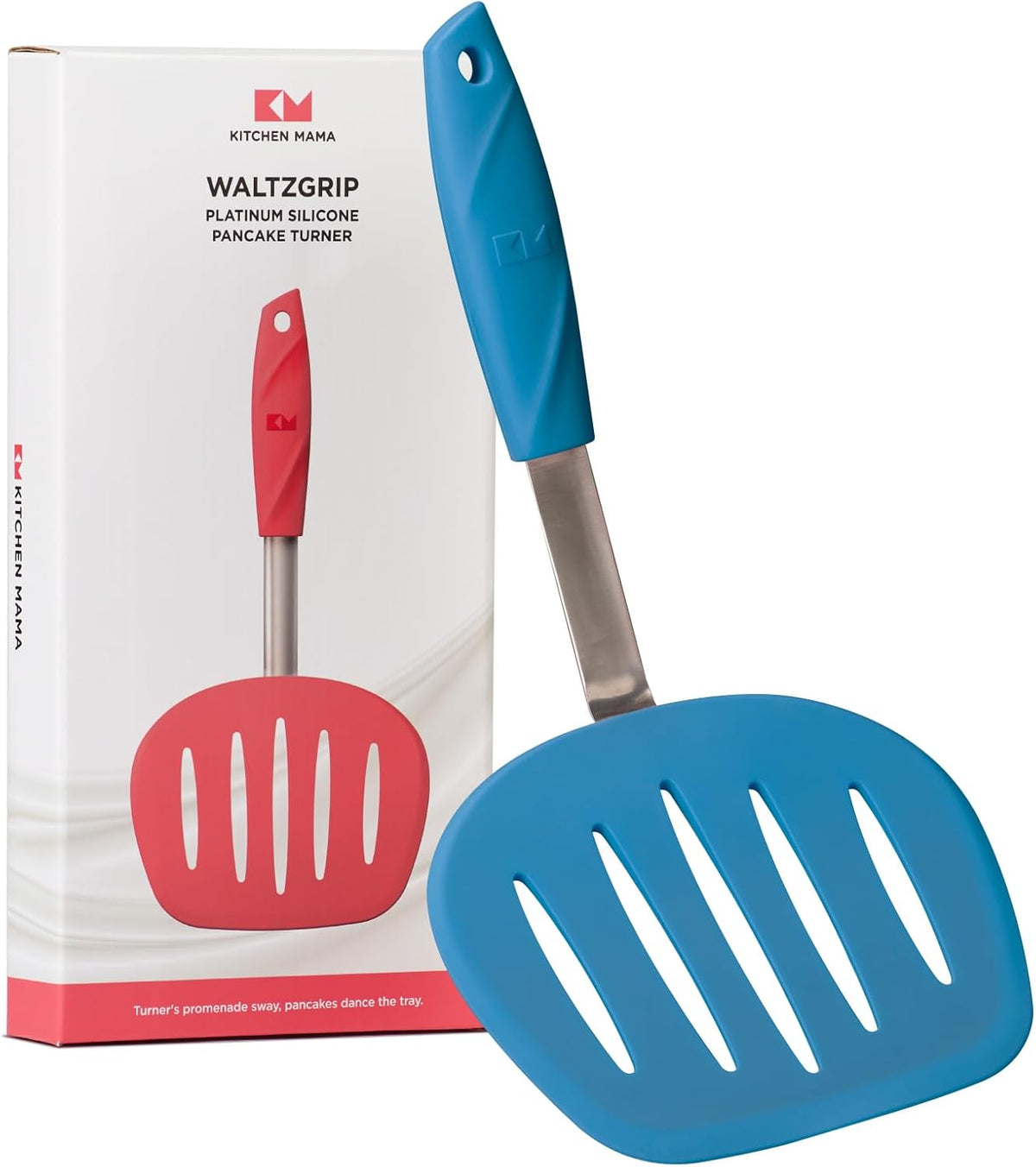 Kitchen Mama WaltzGrip Platinum Silicone Pancake Spatula Turner: Heat Resistant Flexible, Stainless Steel Core, Nonstick, Dishwasher Safe, Flipper – Ideal Kitchen Cookware for Eggs, Fish, Meat (Blue)