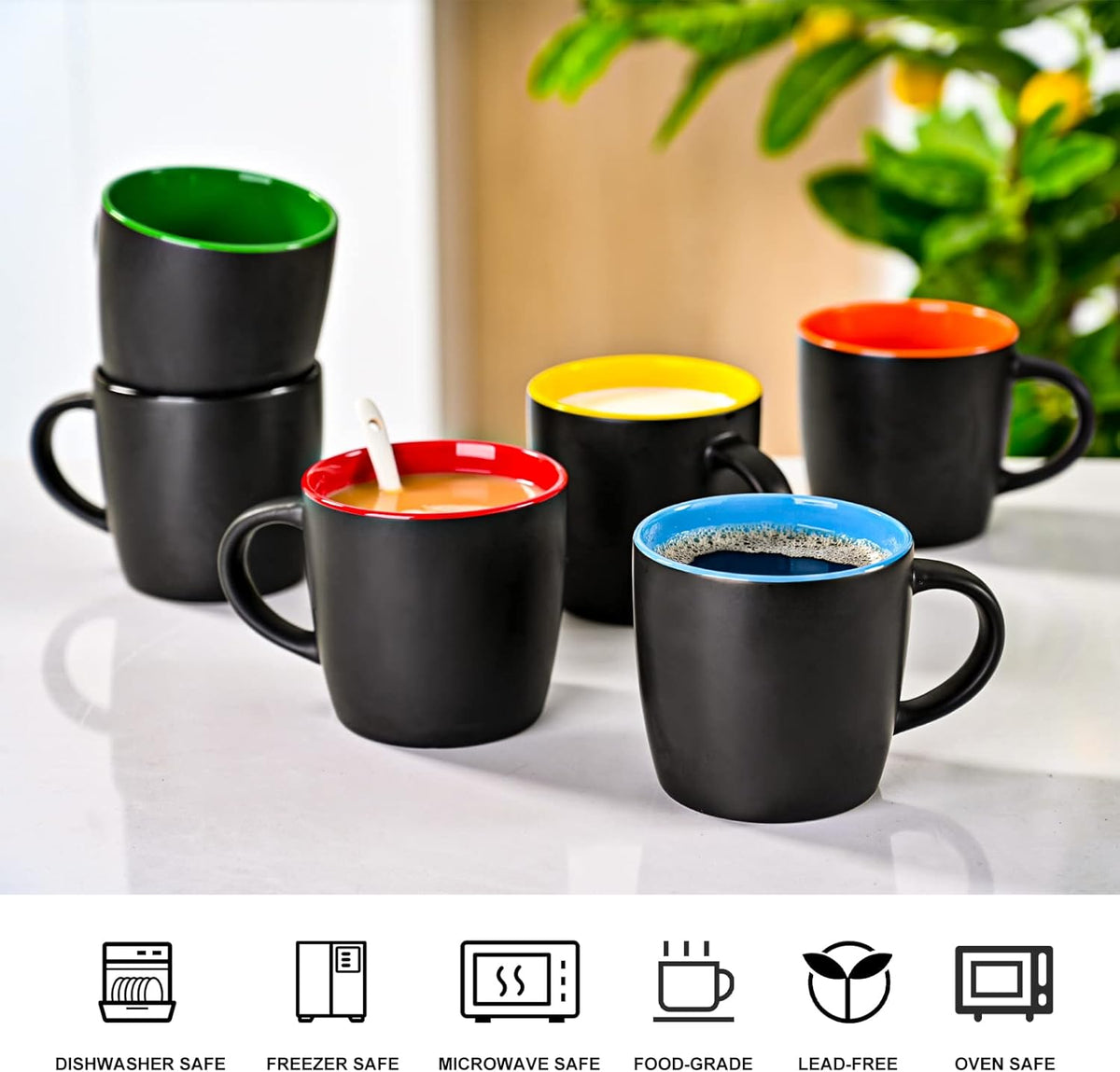 11oz ceramic Coffee Mug Sets Matte Black Porcelain Mug Multiple colors Cups for Coffee, Tea, Juice, Cocoa Set of 6 (11oz)