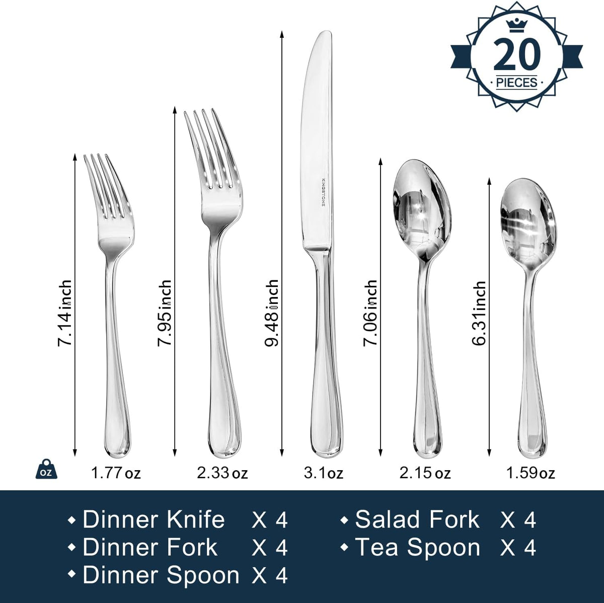 KINGSTONE 20 Pieces Silverware Set for 4, Premium Stainless Steel Flatware Set, Heavy Duty and Modern Design Cutlery Set, Mirror Polished, Dishwasher Safe