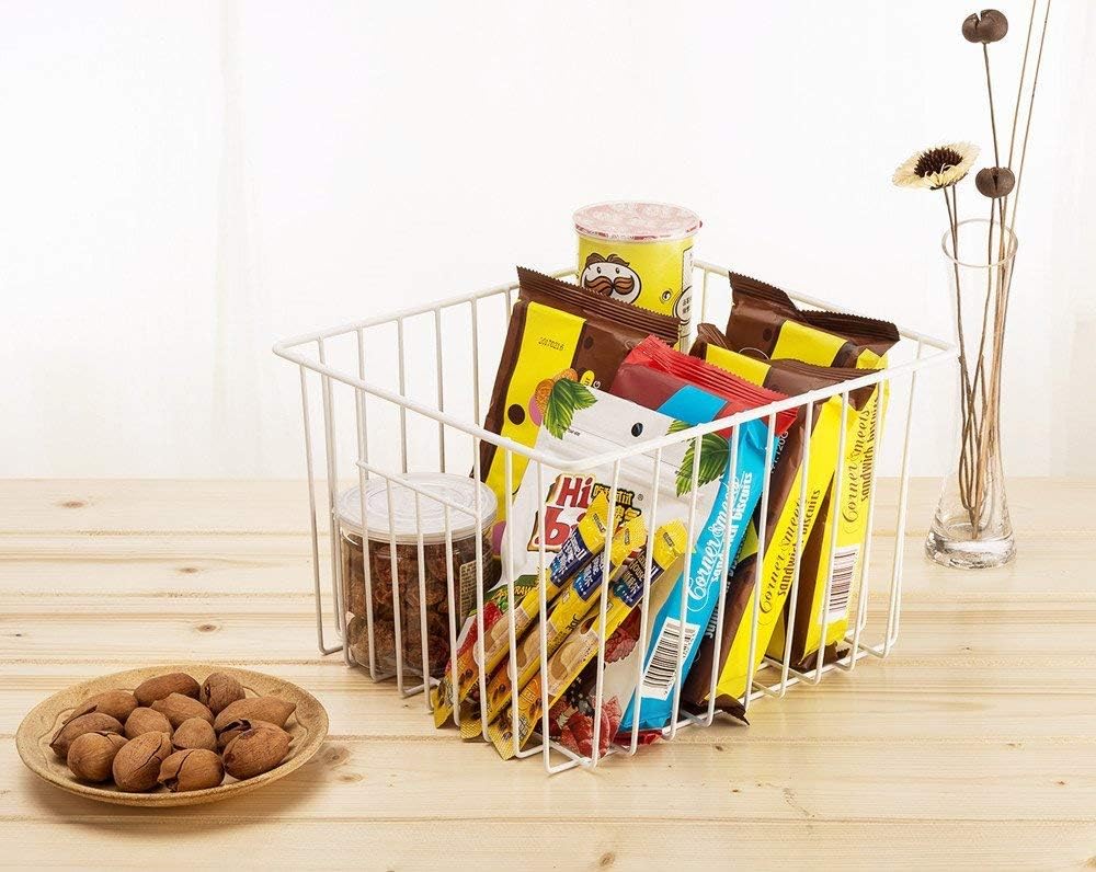 SANNO Freezer Wire Storage Organizer Basket, Refrigerator Storage Baskets Bins Organizer with Built-in Handles for Cabinets, Pantry, Closets, Bedrooms 4 Pack 11"x10"x 7" White