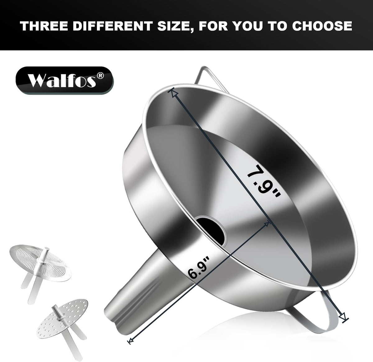 Walfos Extra Large Stainless Steel Funnel with Venting Slot, Kitchen Funnel with 2 Removable Strainer ＆ 1Pc Cleaning Brush, Perfect for Transferring Liquid, Oils, Jam, Dry Ingredients (Jumbo, 7.9")