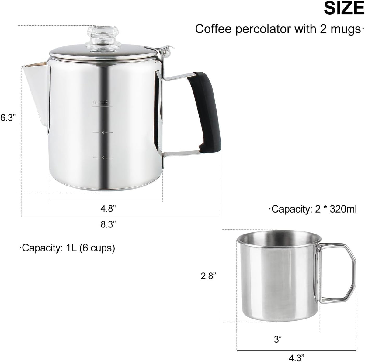 Multi Use 6 Cup Coffee Pot Bundle Coffee Percolator with 2 Mugs Stainless Steel Coffee Maker with Two Heat Resistant Tough Borosilicate Glass Knob Fireproof Silica Handle Using on any Stovetop