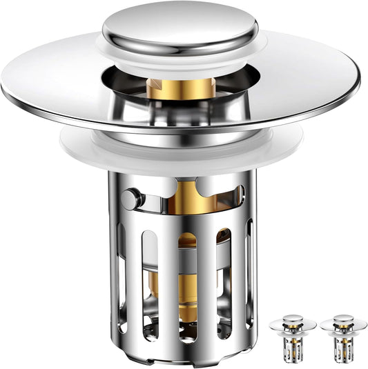 (2 Pc) All Metal Bathroom Sink Stopper Fit 99% - 3 in 1 Universal Pop Up Sink Stopper with Removable Stainless Steel Filter Basket Hair Catcher - for 1.1'' to 2.36'' Basin - Brass Core, 7000+ Tested