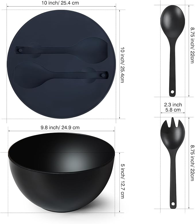 10" Large Salad Bowl with Sealing Lid & Serving Utensils,135Oz, Black Big Bamboo Fiber Salad Serving Bowl with Servers for Mixing/Serving (Silicone Dark Grey Lid)