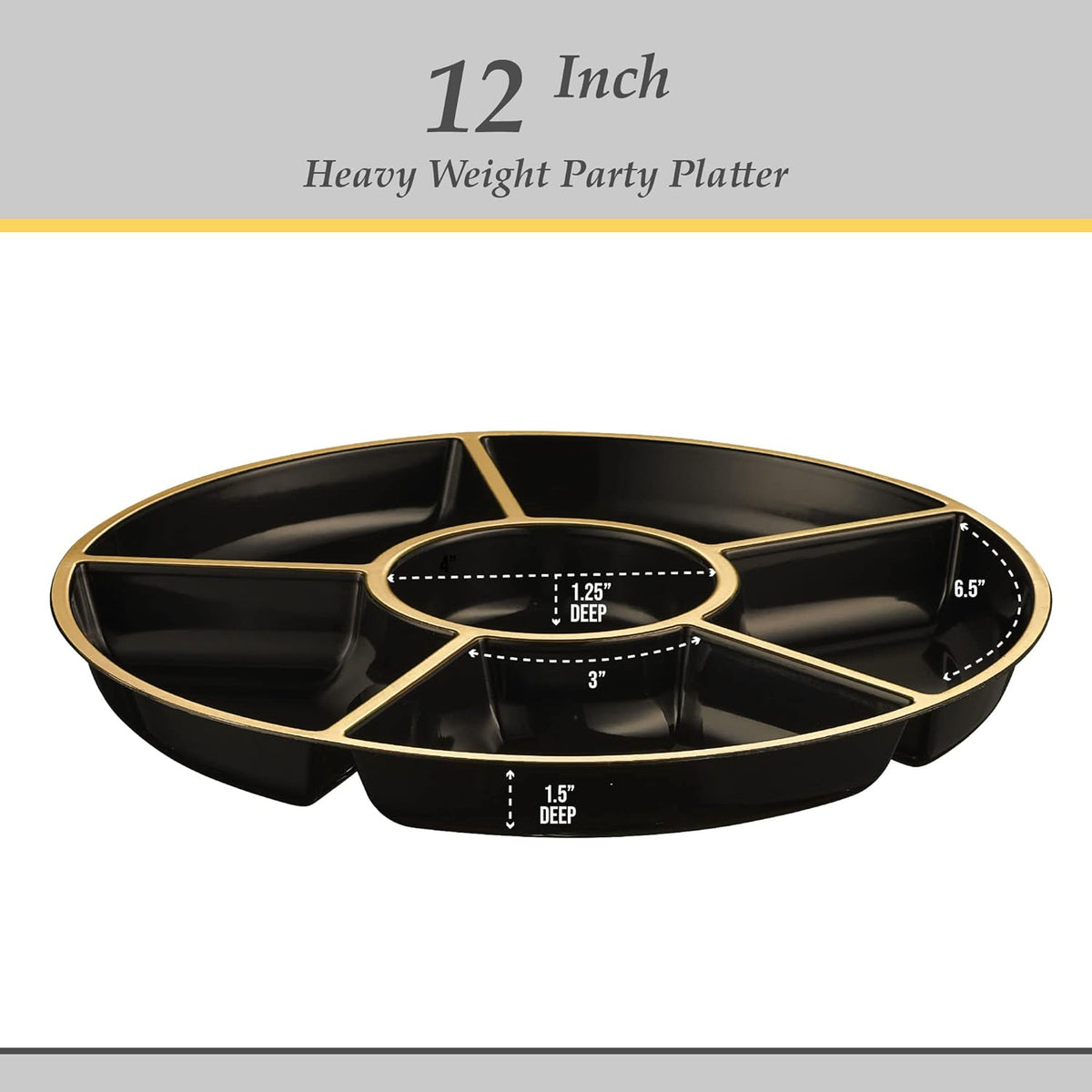 Plasticpro 6 Sectional Round Plastic Serving Tray/Platters Black & Gold Pack of 4