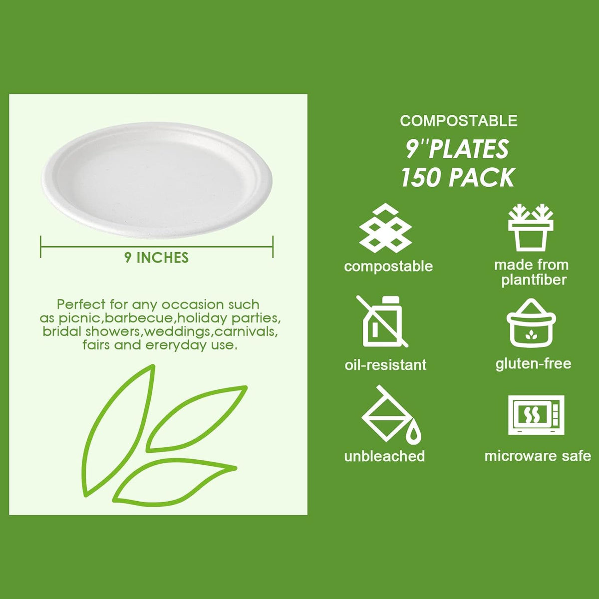 Vplus 150 Pack Paper Plates 9 inch 100% Compostable, Heavy-Duty Disposable Paper Plates Bagasse Natural Biodegradable Eco-Friendly Sugarcane（White）
