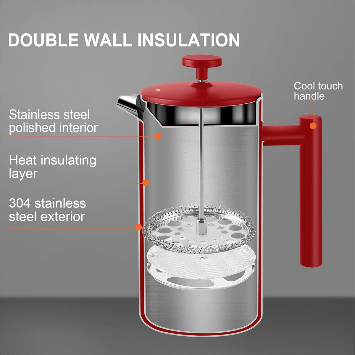 Secura French Press Coffee Maker, Double-Wall 304 Grade Stainless Steel Coffee Press with 2 Extra Screens, 34oz (1L), Red