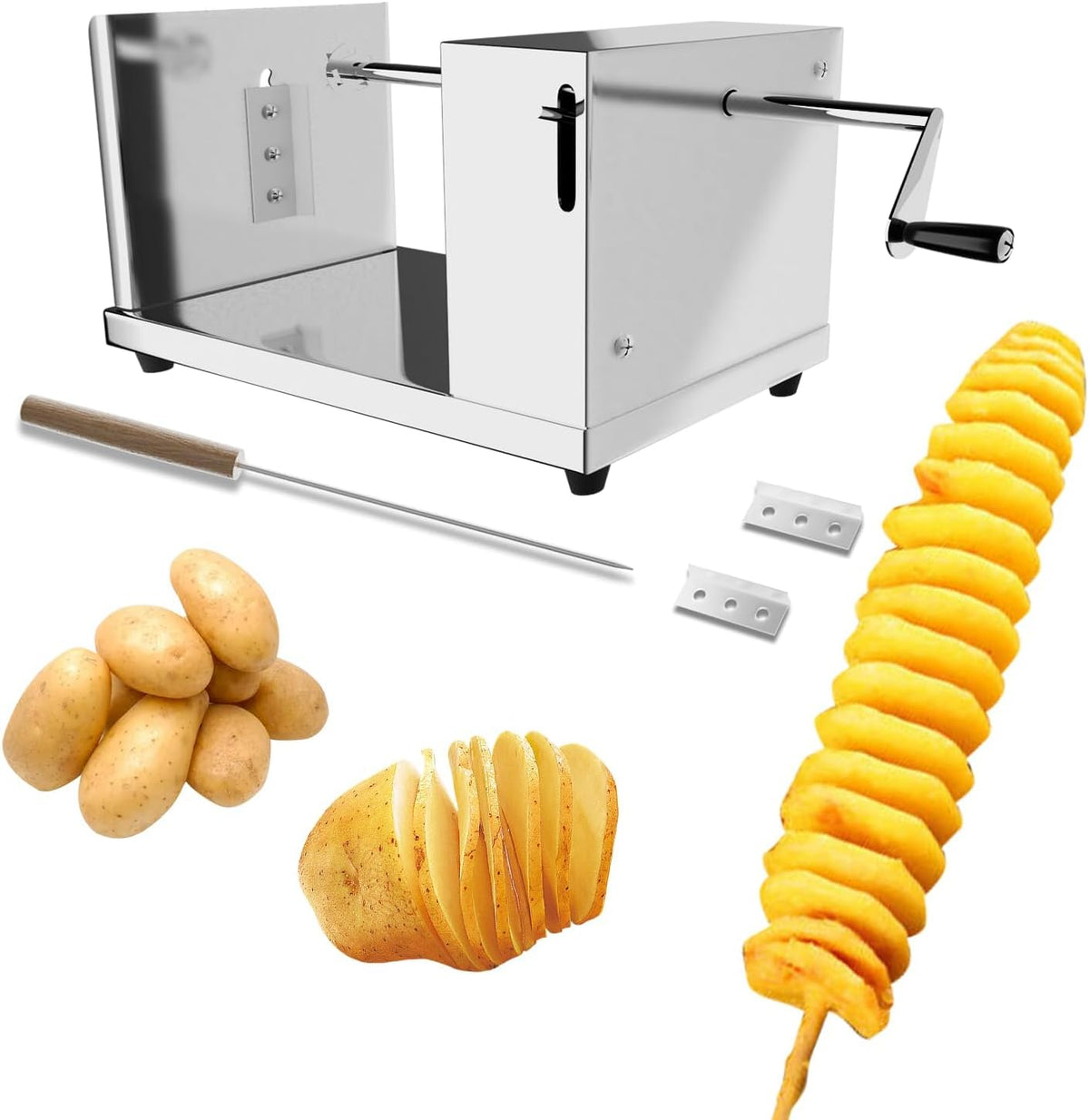 Spiral Potato Cutter french fry cutter Manual Stainless Steel Twisted Potato Slicer Cutter curly fries Cucumbers Carrots DIY BBQ Slicer with Reusable Stick
