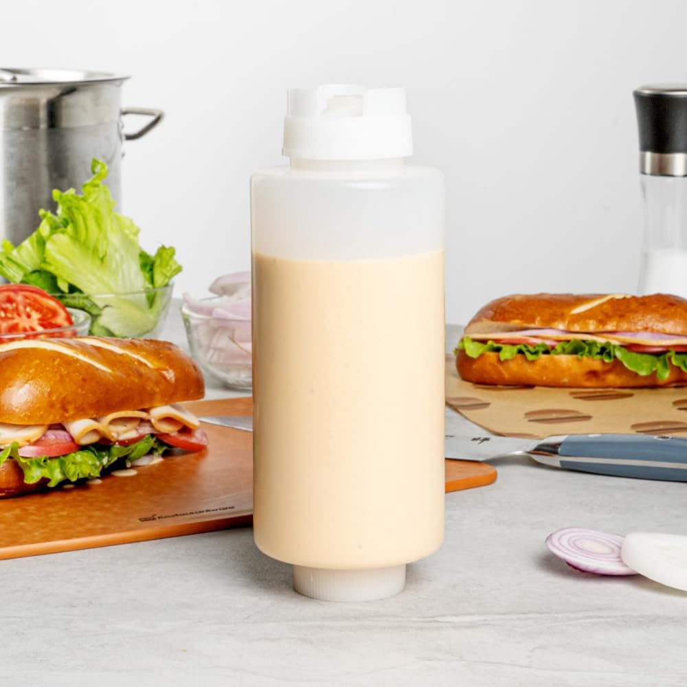 Restaurantware First In First Out 32 Ounce Condiment Squeeze Bottle 6 Refillable Lid FIFO Squeeze Bottle - Precision Dispensing Tip Flexible Clear Plastic Squeeze Bottle For Sauces
