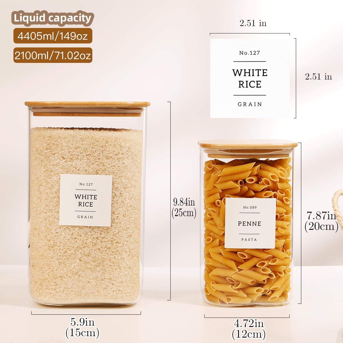 2 Pack large Square Glass Flour and Sugar Containers with 132 Kitchen Pantry Labels - 149 floz & 71 floz - Glass Jars with Airtight Bamboo Lid - Glass Rice Canisters for Coffee, Pasta, Cookie, Cereal