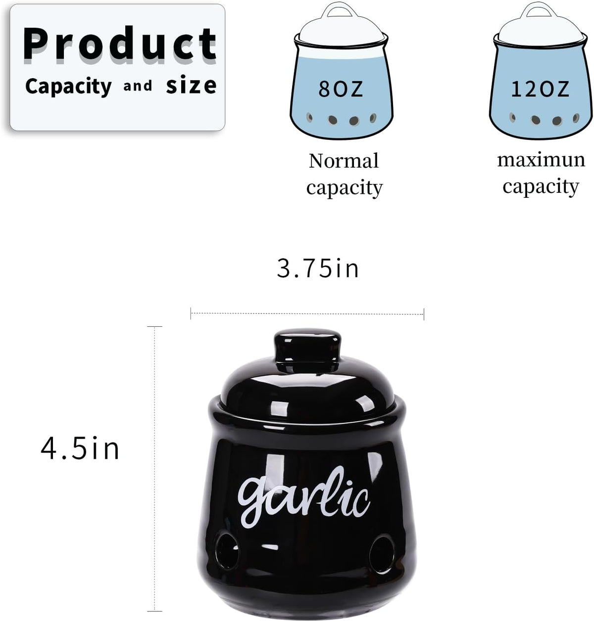 HAOTOP Garlic Keeper with Lid, Ceramic Mini Garlic Saver Container for Countertop, Farmhouse Kitchen Decor (Black)