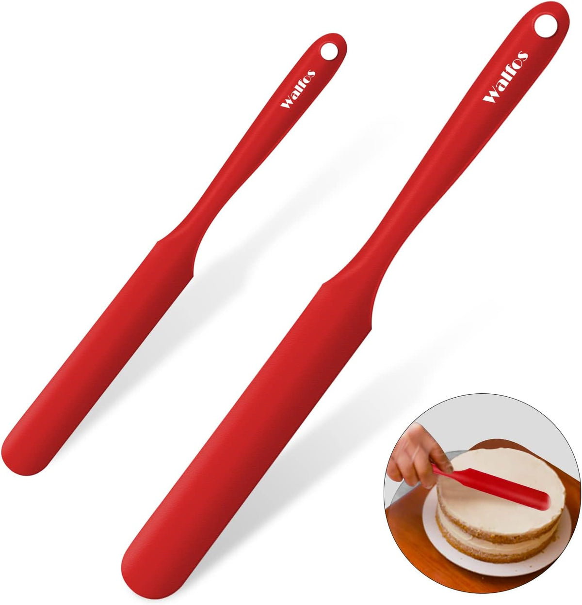 Walfos Silicone Jar Spatula - 600ºF Heat Resistant Kitchen Spatulas(2pcs), Strong Steel Core & One-Pieces Design,Mixing Batter & Cake Cream Spatulas, for Cooking & BPA Free & Dishwasher Safe, Red