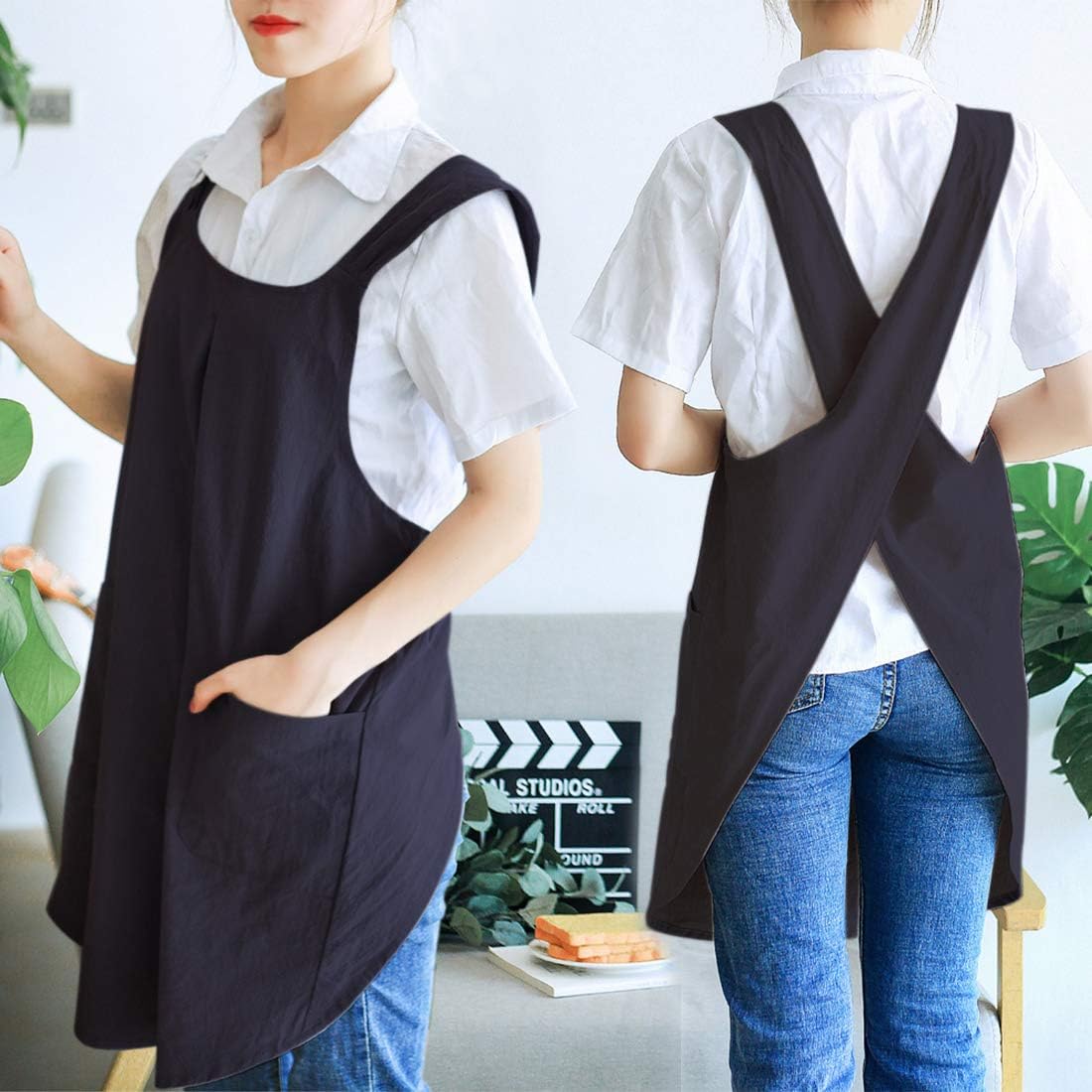 NEWGEM Japanese Linen Cross Back Cooking Aprons for Women Men with Pockets Cute for Baking Kitchen