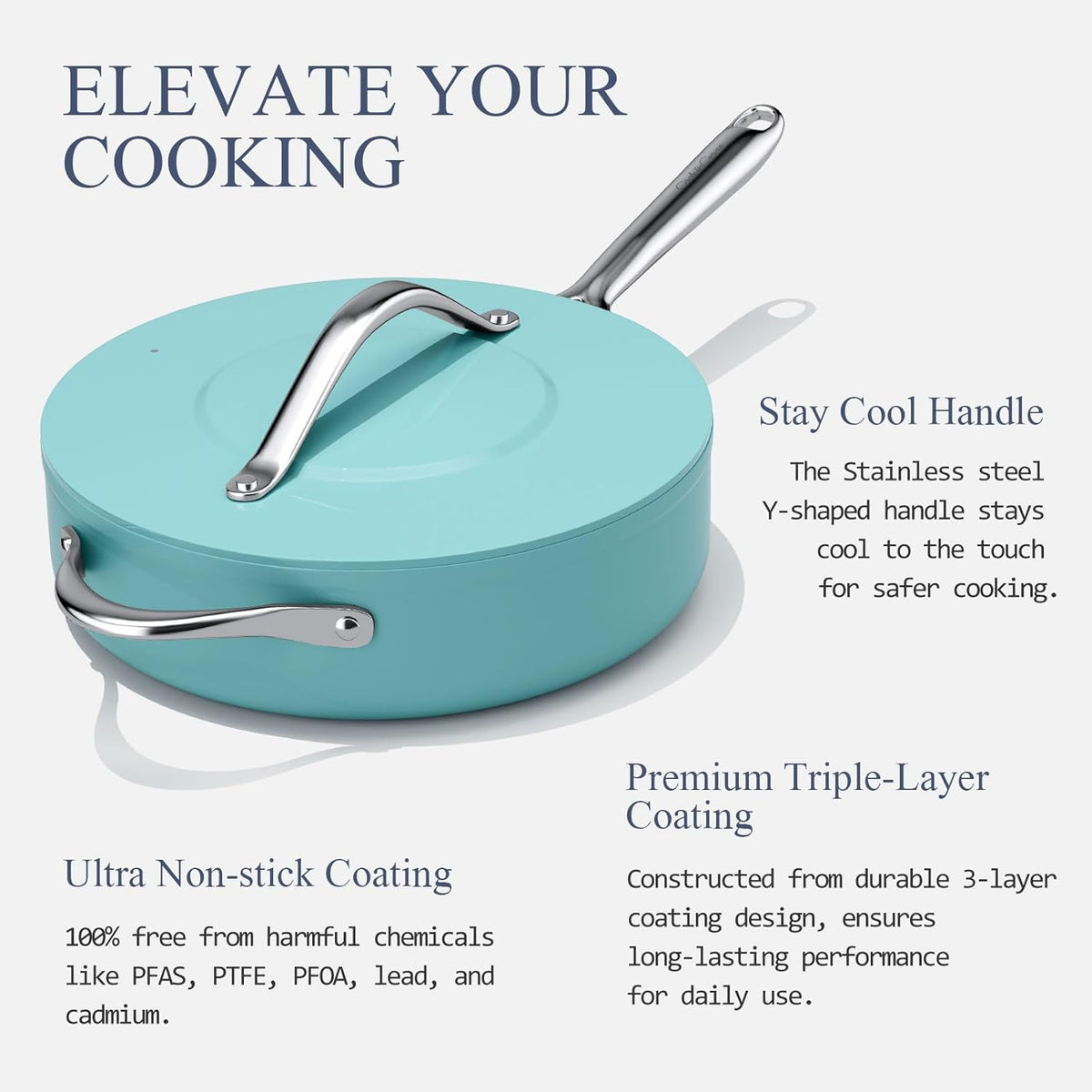 Nonstick Ceramic Sauté Pan with Lid (4.5 qt, 11"), Deep Frying Pan for All Cooktops - Non Toxic, PTFE/PFAS Free, Dishwasher & Oven Safe up to 500°F - with Stay Cool Handle - Caribbean Blue
