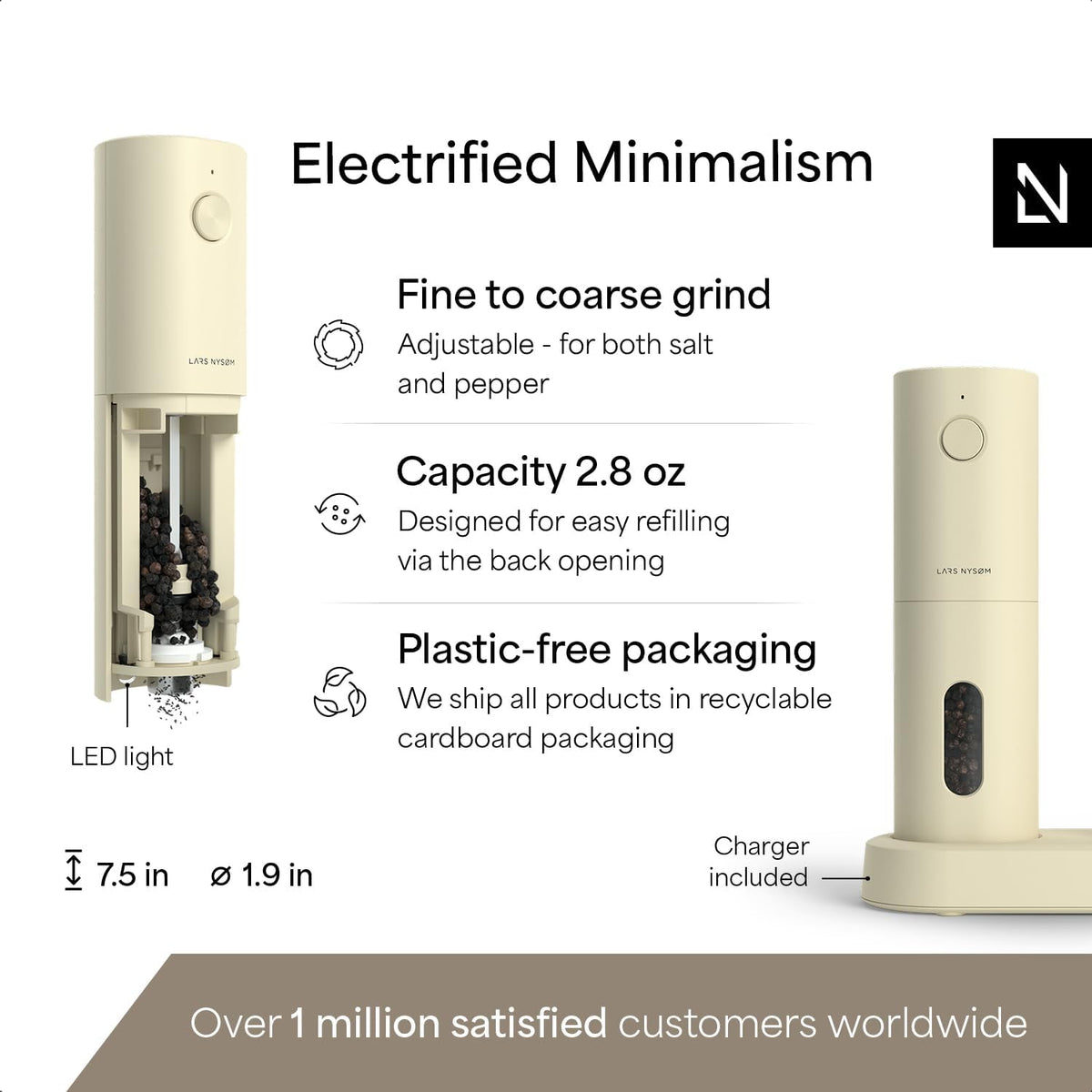 LARS NYSØM Electric Salt and Pepper Grinder Set, USB Rechargeable, Automatic Salt and Pepper Mills, Spice Shakers Refillable with LED Light, Adjustable Coarseness, Ceramic Grinder (Almond Beige)