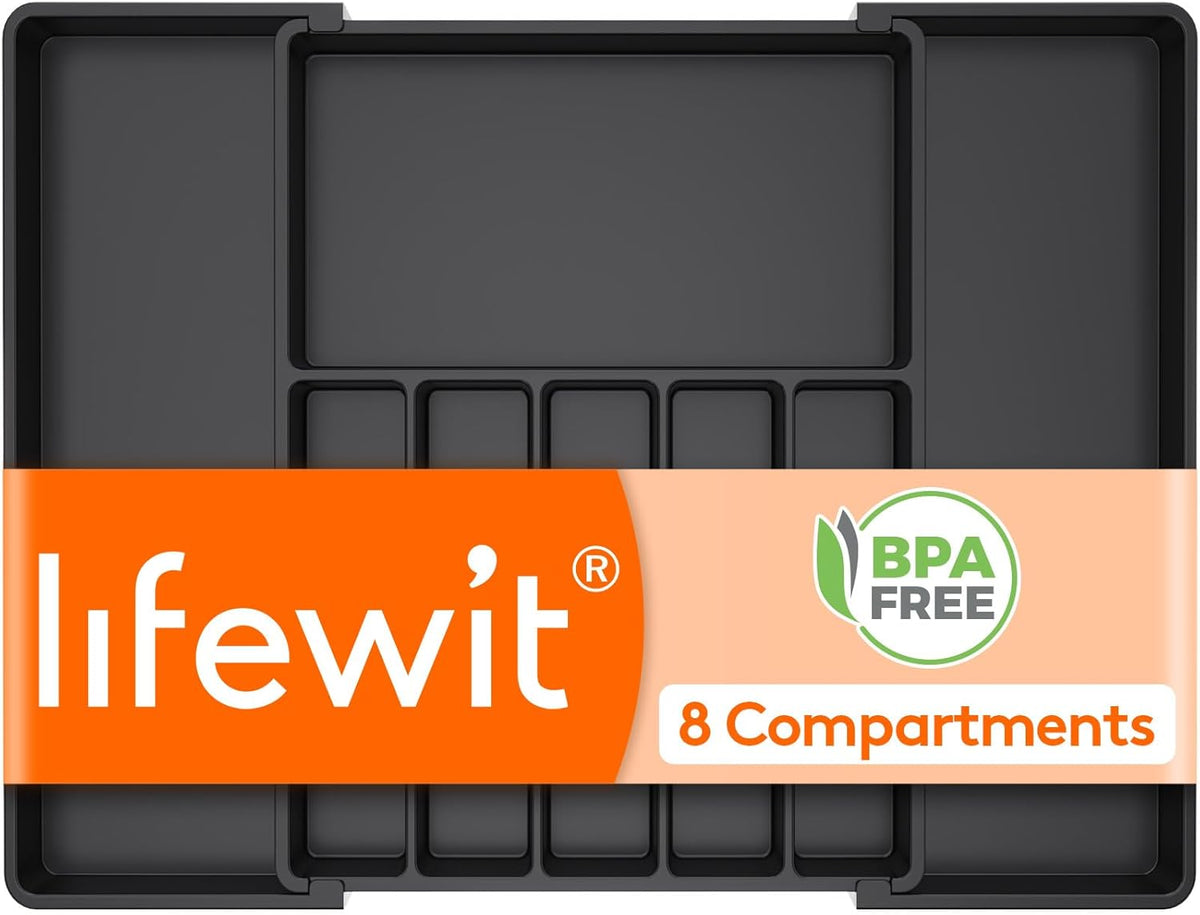 Lifewit Silverware Drawer Organizer, Expandable from 15.4 to 27 inches, Utensil Tray for Kitchen, Adjustable Cutlery Holder, Plastic Flatware Storage for Spoons Forks Knives, Extra Large, Black