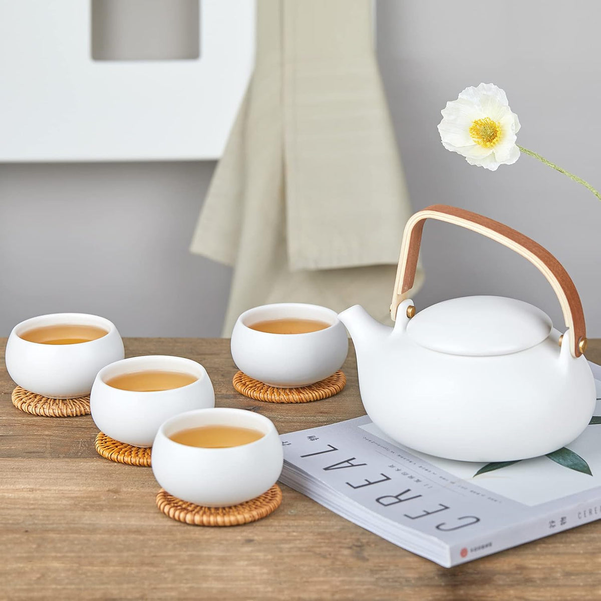 ZENS Modern Japanese Tea Set, 27 oz Ceramic Japanese Teapot with Fine Stainers and 4 Cups for Loose Leaf Tea Steeper, Wood Handle Matte Japanese Teapots Hot Tea Brewer for Tea Party Women Gifts