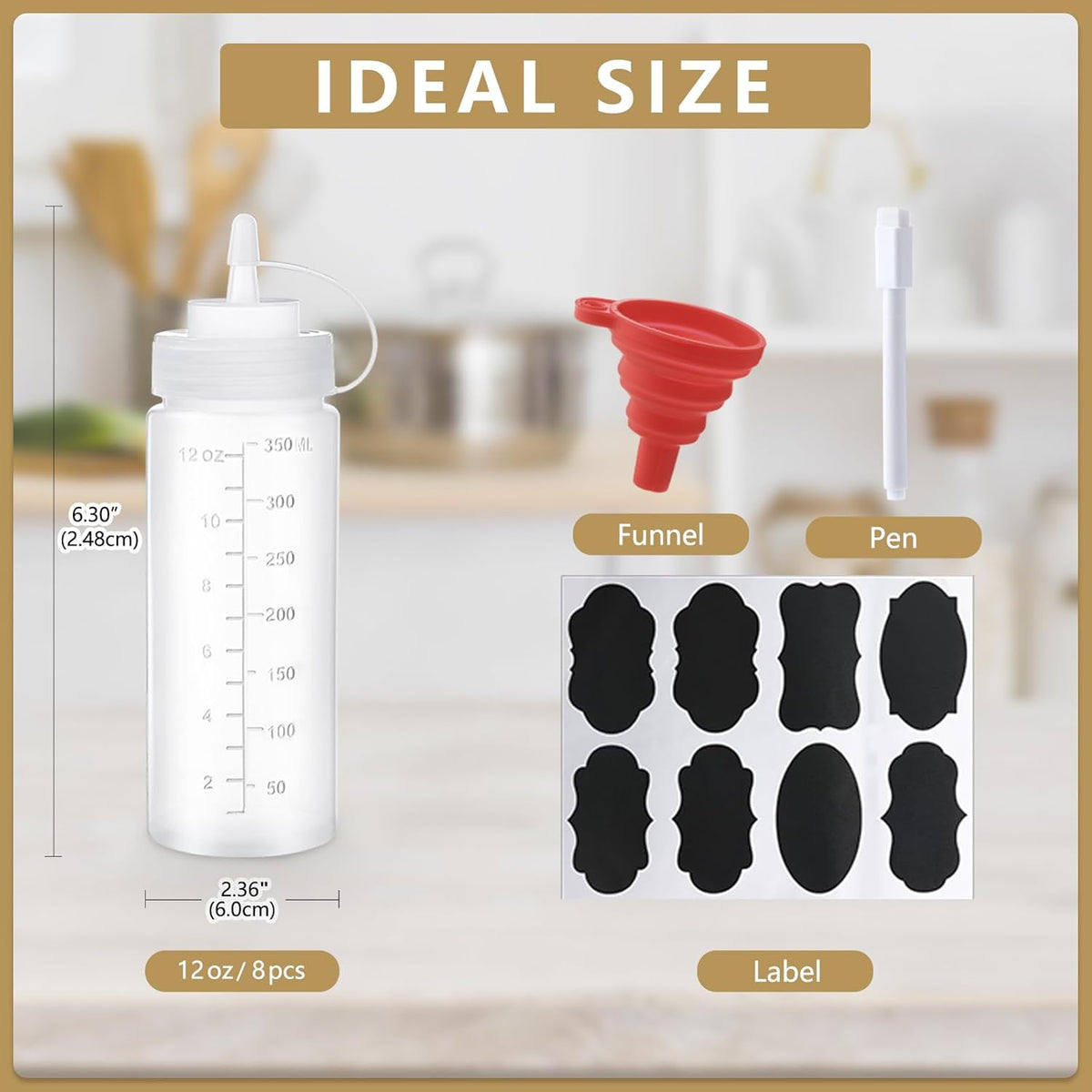8 Pack 12 oz Plastic Squeeze Squirt Condiment Bottles with Cap Lids - Perfect for Condiments, Oil, Icing, Liquids–Set of 8 with extra 1 Silicone Funnel, 8 Chalk Labels and 1 Pen