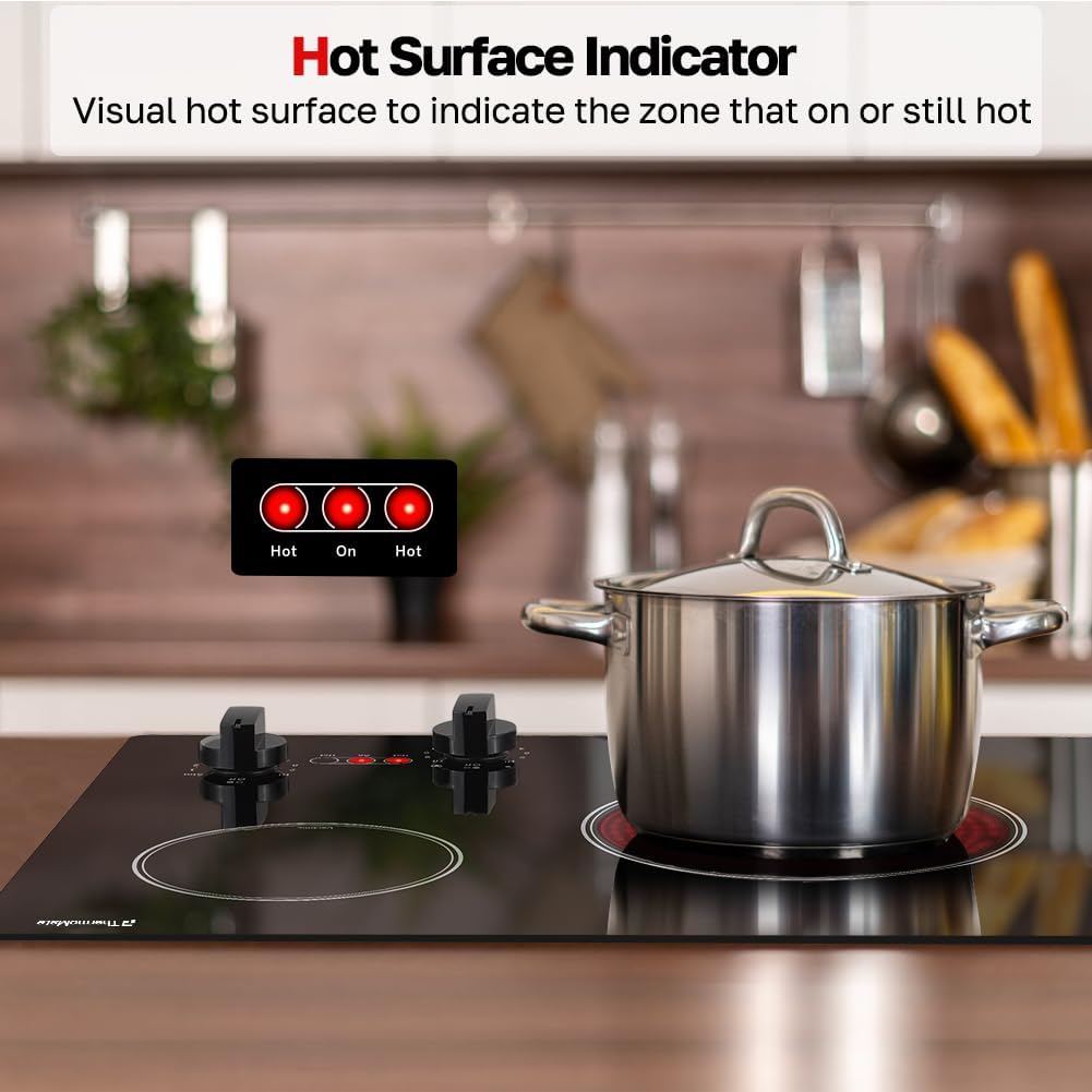 Apartment Electric Cooktop, ThermoMate 21 Inch Built-in Radiant Electric Stove Top, 3700W Ceramic Stove Top with 2 Burners, UL Certified, Knob Control, 240V