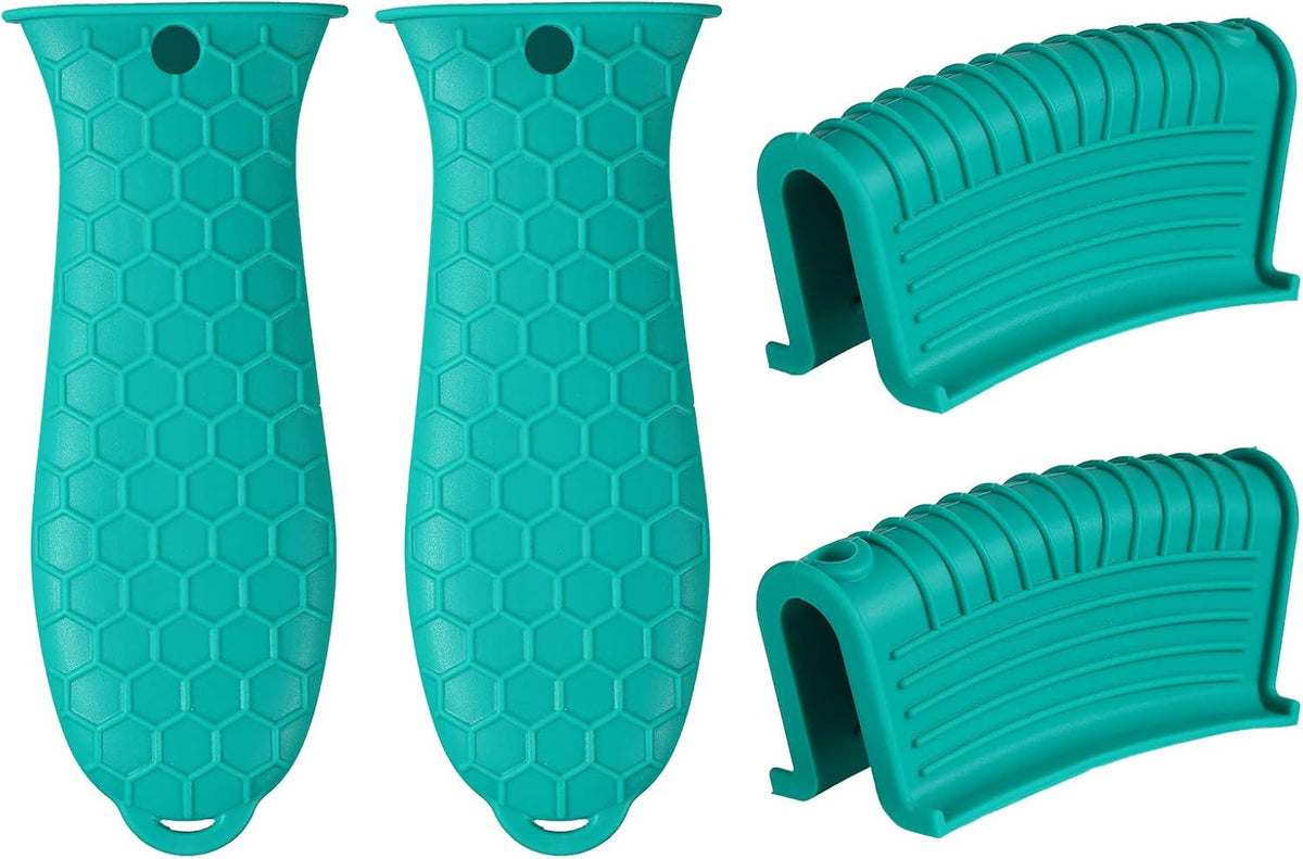 4 Pieces Silicone Hot Tool Holder Heat Resistant Potholder Cookware Handle Non Slip Rubber Pot Holders Handles Grip Covers for Cast Iron Skillet Silicone Cooking Kitchen Suits (Green)