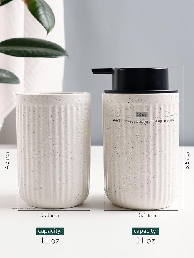 Bosilunlife Soap Dispenser and Toothbrush Holder Set - 11Oz Foam Soap Dispenser Pump Ceramic Bathroom Counter Soap Toothbrush Holder Set Beige Bathroom Accessories Set