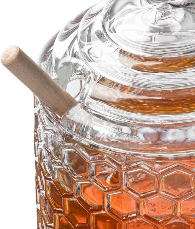 Royalty Art Glass Honey Pot with Beehive Lid and Wooden Dipper, 3 Pc. Set, Decorative Kitchen Accessory and Dispenser, Honeycomb Glassware, Reusable and Washable
