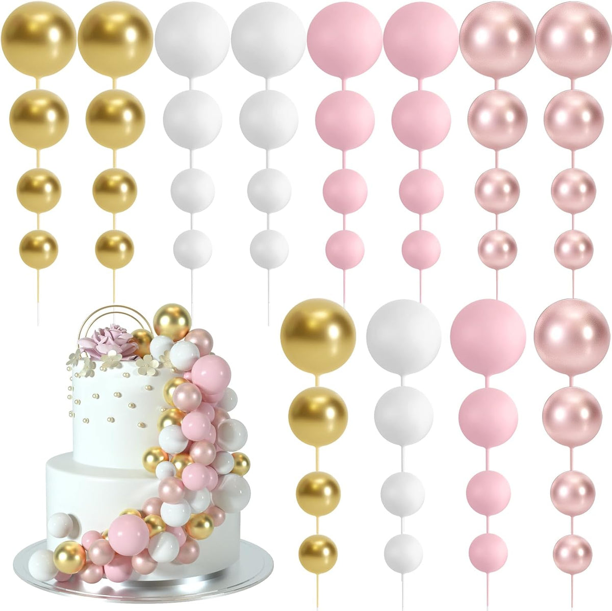 48 Pcs Cake Topper Decorations - Balloon Cupcake Toppers, Foam Balls for Birthday Party Wedding Cake Decorating (Rose Gold, Pink, White, Gold)